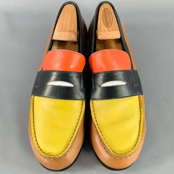 Size 8 Tan Multi Color Color Block Leather Slip On Penny Loafers